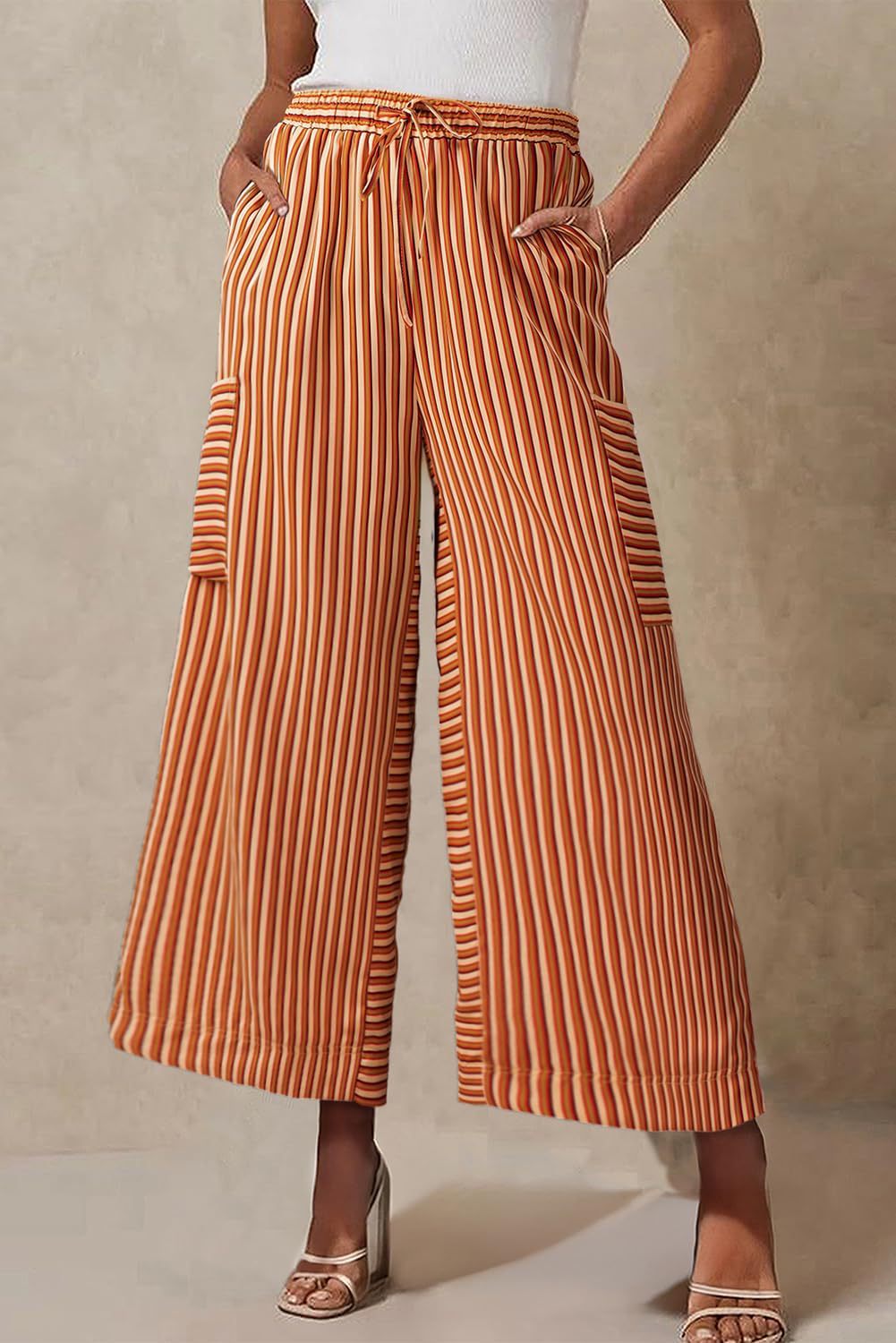 Striped Tie Waist Cropped Palazzo Pants - Brown