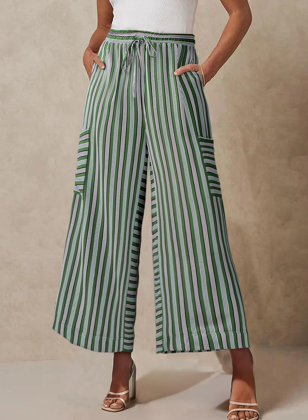Striped Tie Waist Cropped Palazzo Pants - Green