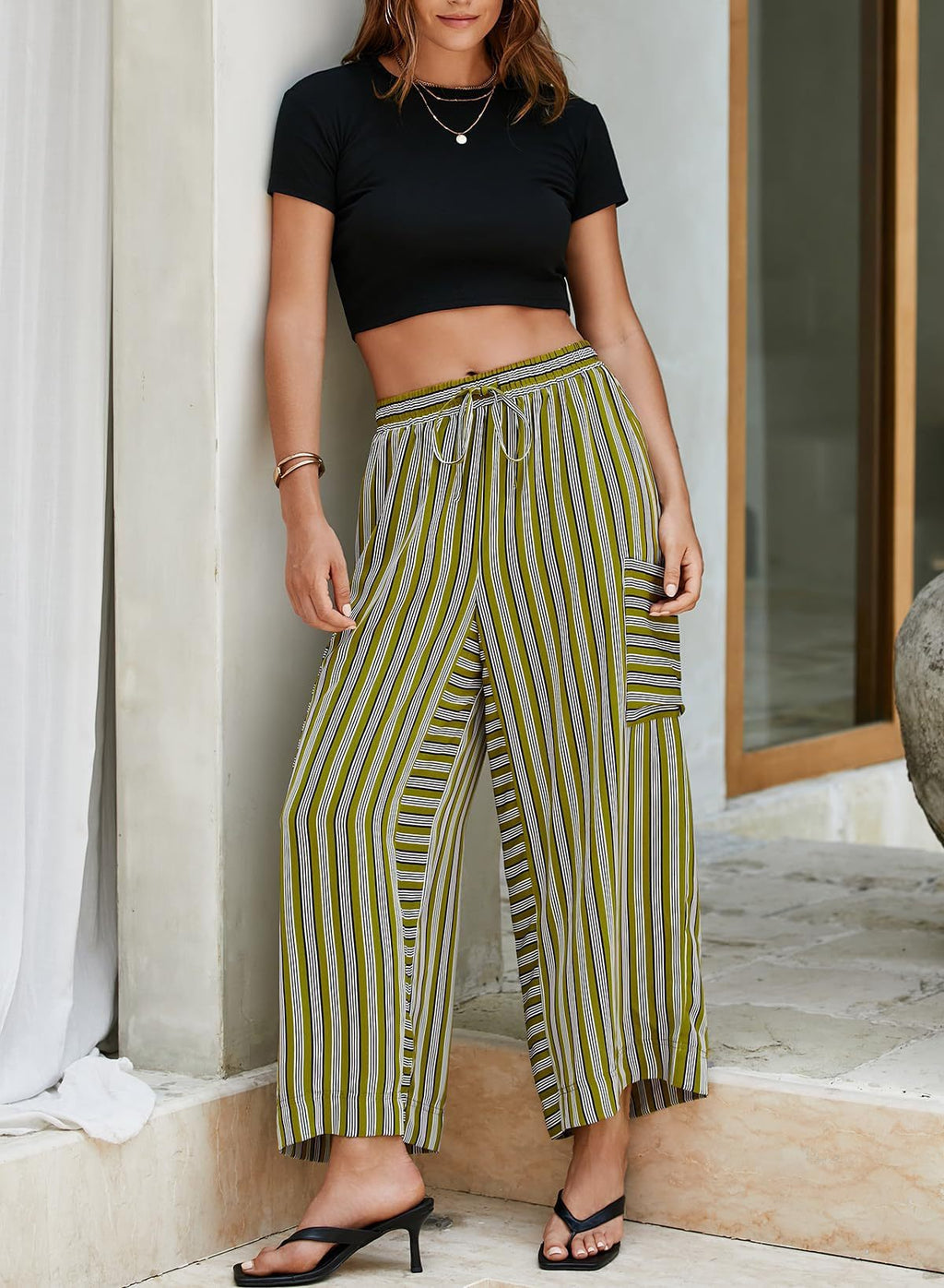 Striped Tie Waist Cropped Palazzo Pants - Olive