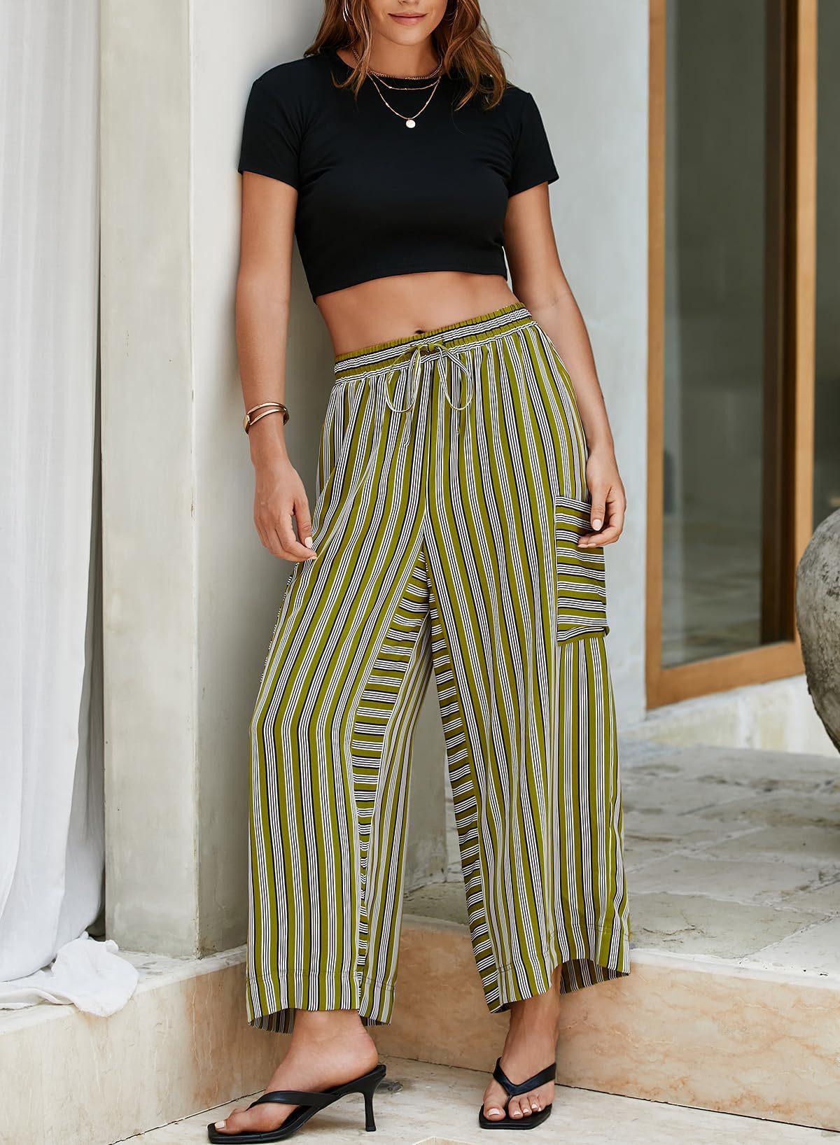 Striped Tie Waist Cropped Palazzo Pants - Olive
