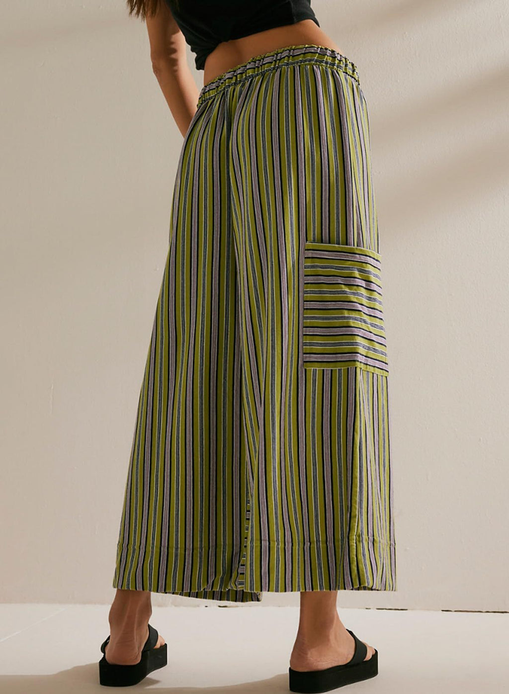 Striped Tie Waist Cropped Palazzo Pants - Olive - 2