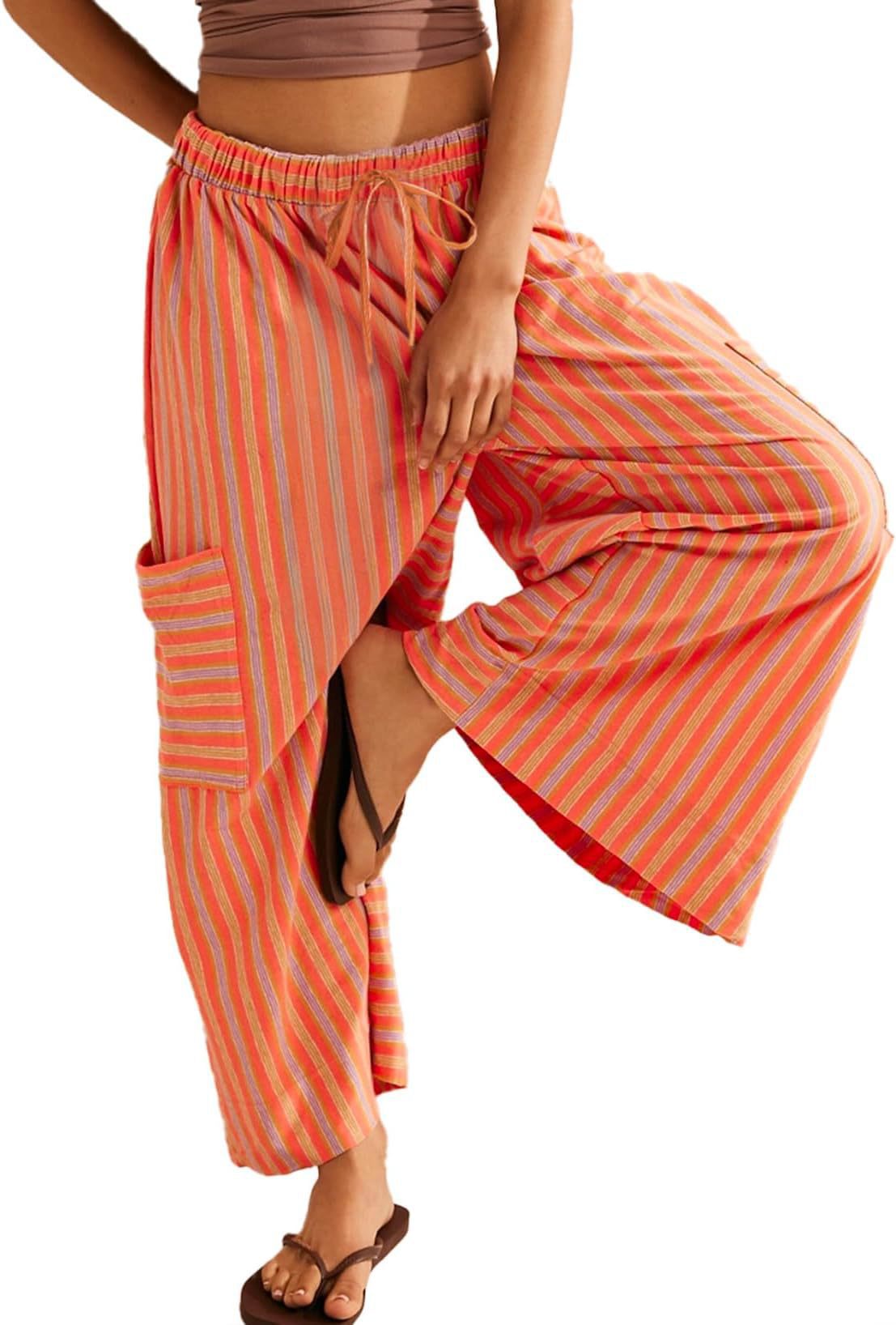 Striped Tie Waist Cropped Palazzo Pants - Orange