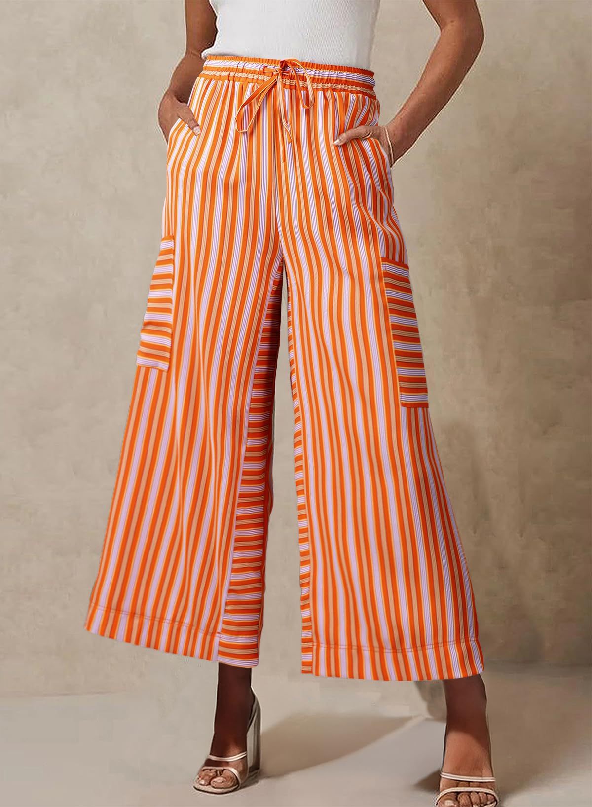 Striped Tie Waist Cropped Palazzo Pants - Orange - 1