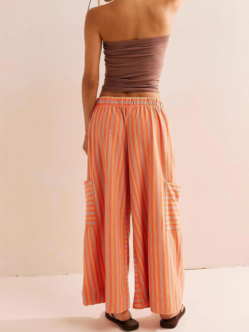 Striped Tie Waist Cropped Palazzo Pants - Orange - 2