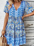 Tiered Boho Medallion Print Swing Dress - Blue