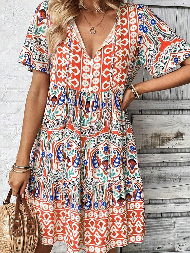 Tiered Boho Medallion Print Swing Dress - Orange