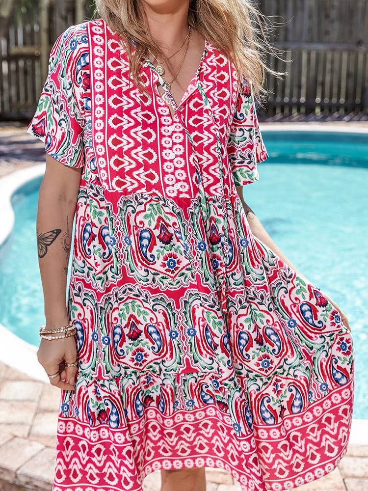 Tiered Boho Medallion Print Swing Dress