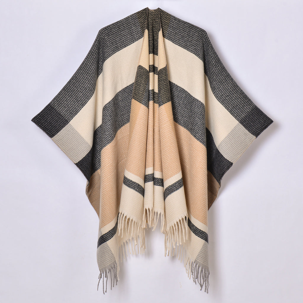 Banded Stripe Fringed Poncho Wrap - BEIGE