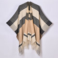 Banded Stripe Fringed Poncho Wrap - BEIGE