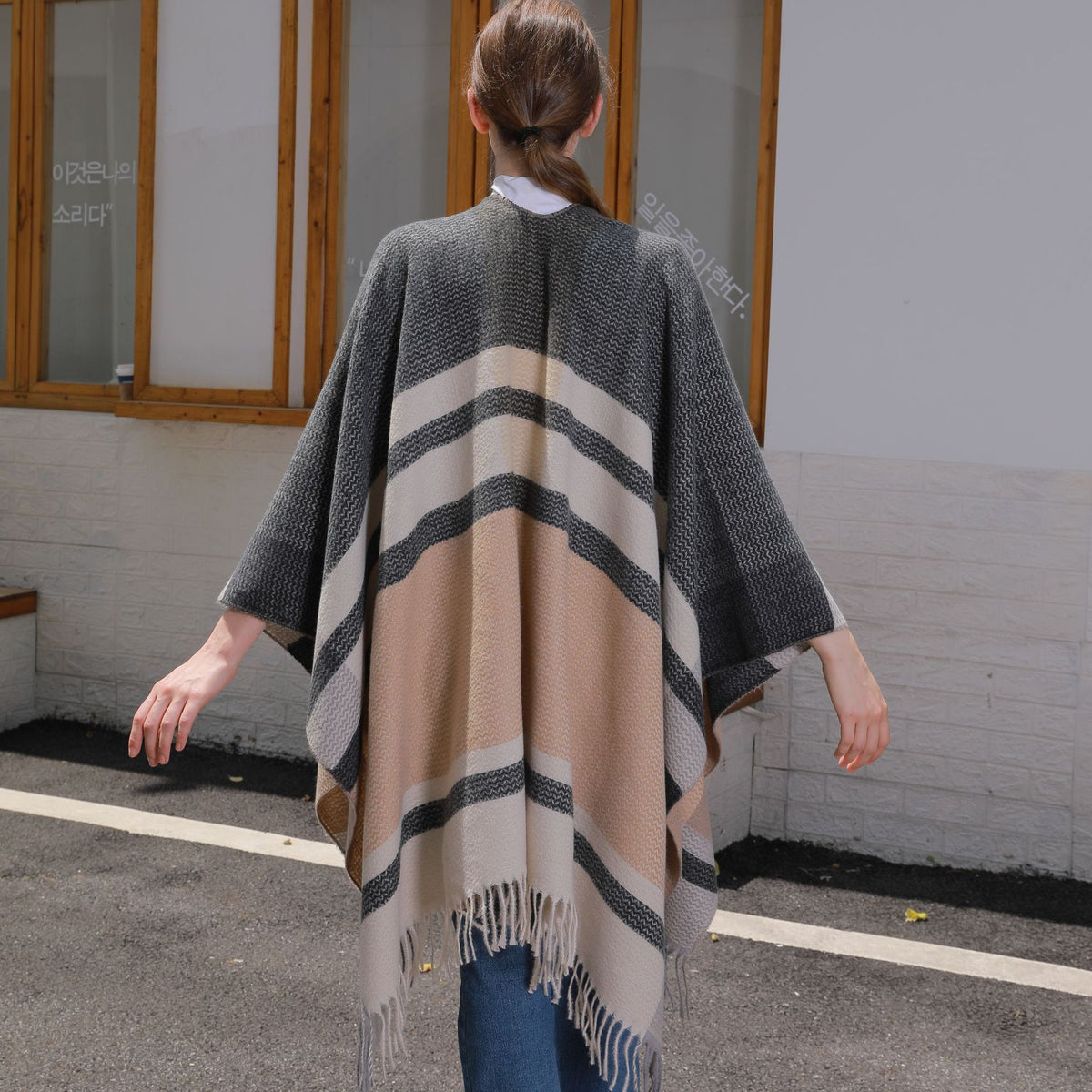 Banded Stripe Fringed Poncho Wrap - BEIGE - 1