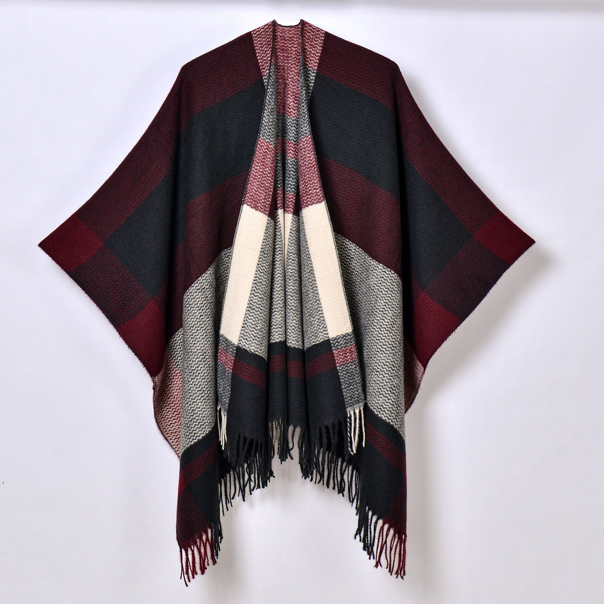 Banded Stripe Fringed Poncho Wrap - Burgundy