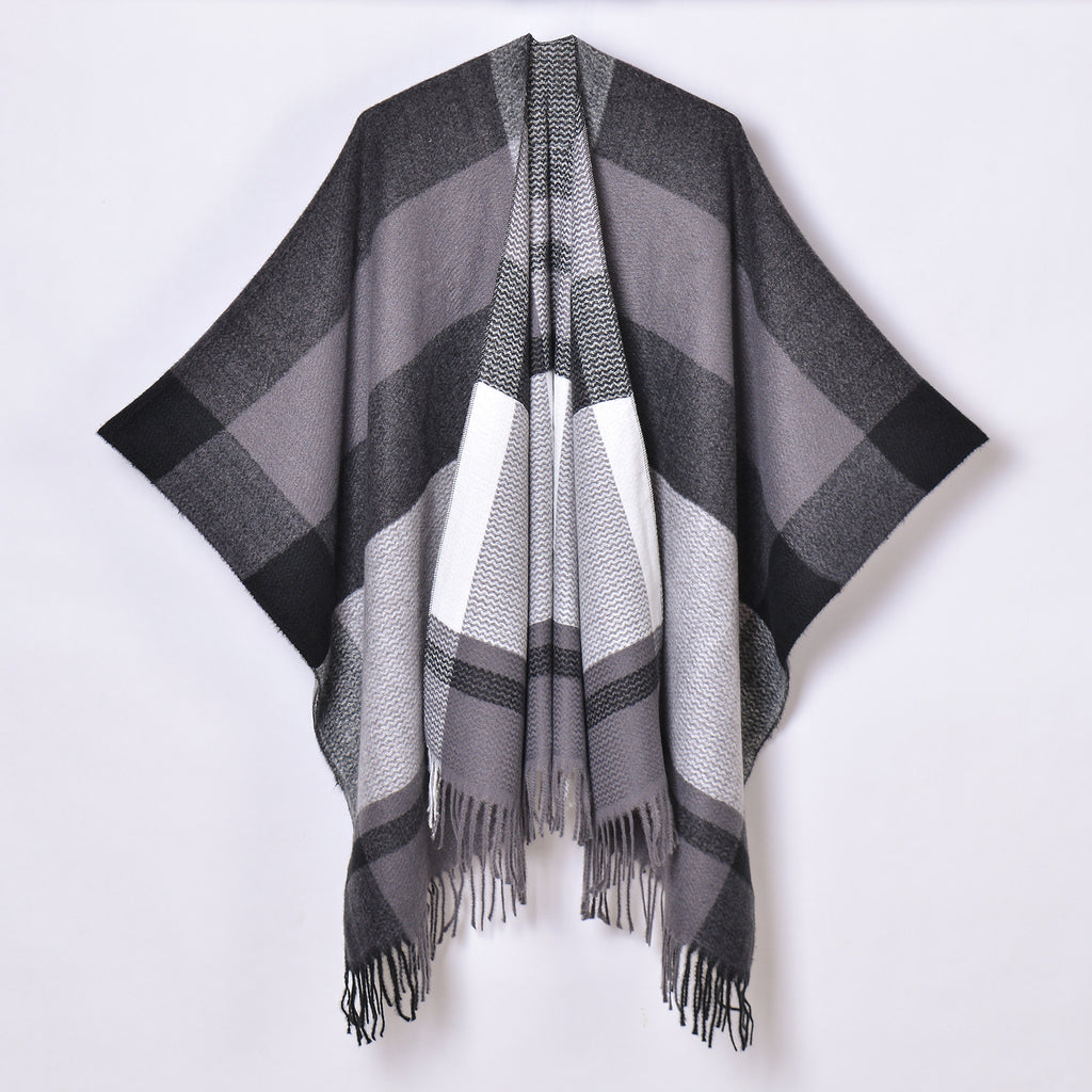 Banded Stripe Fringed Poncho Wrap - GREY