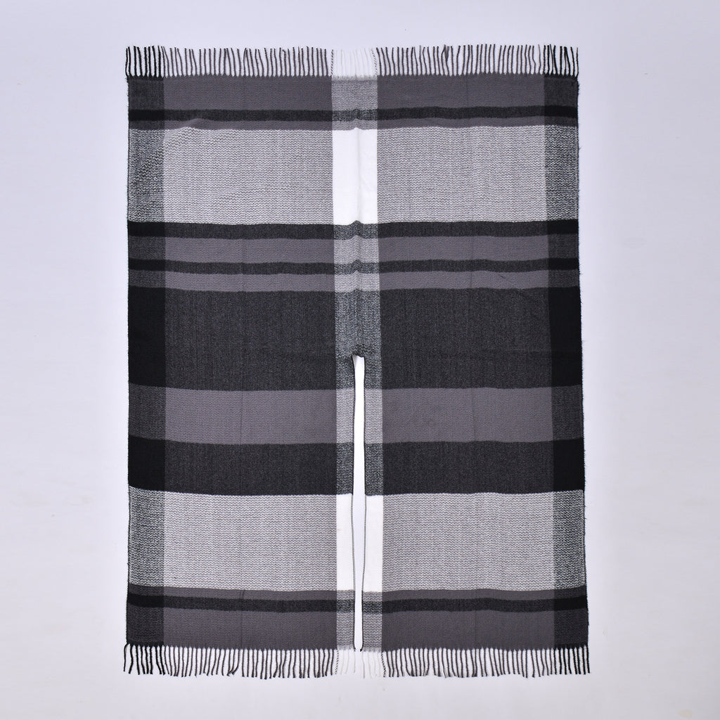 Banded Stripe Fringed Poncho Wrap - GREY - 1