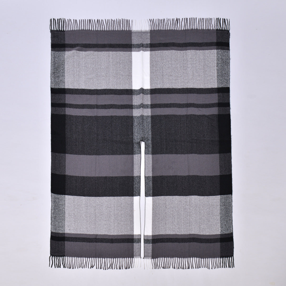 Banded Stripe Fringed Poncho Wrap - GREY - 1