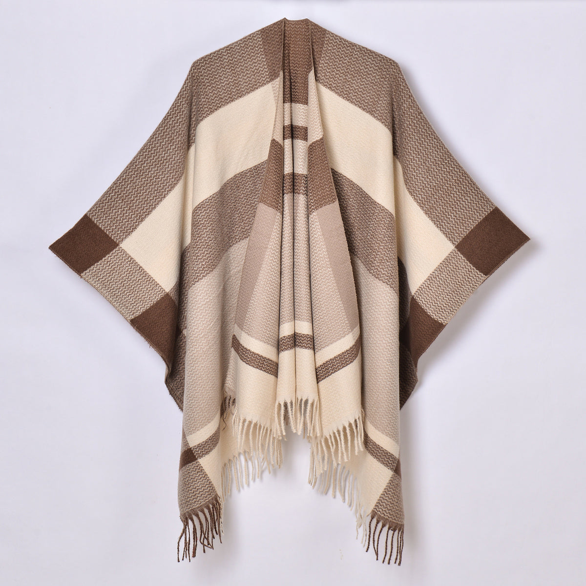 Banded Stripe Fringed Poncho Wrap - KHAKI