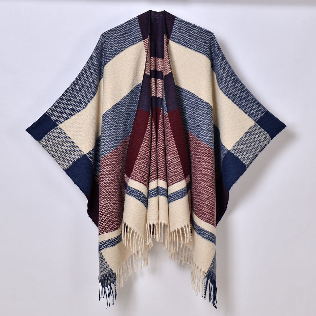 Banded Stripe Fringed Poncho Wrap - NAVY