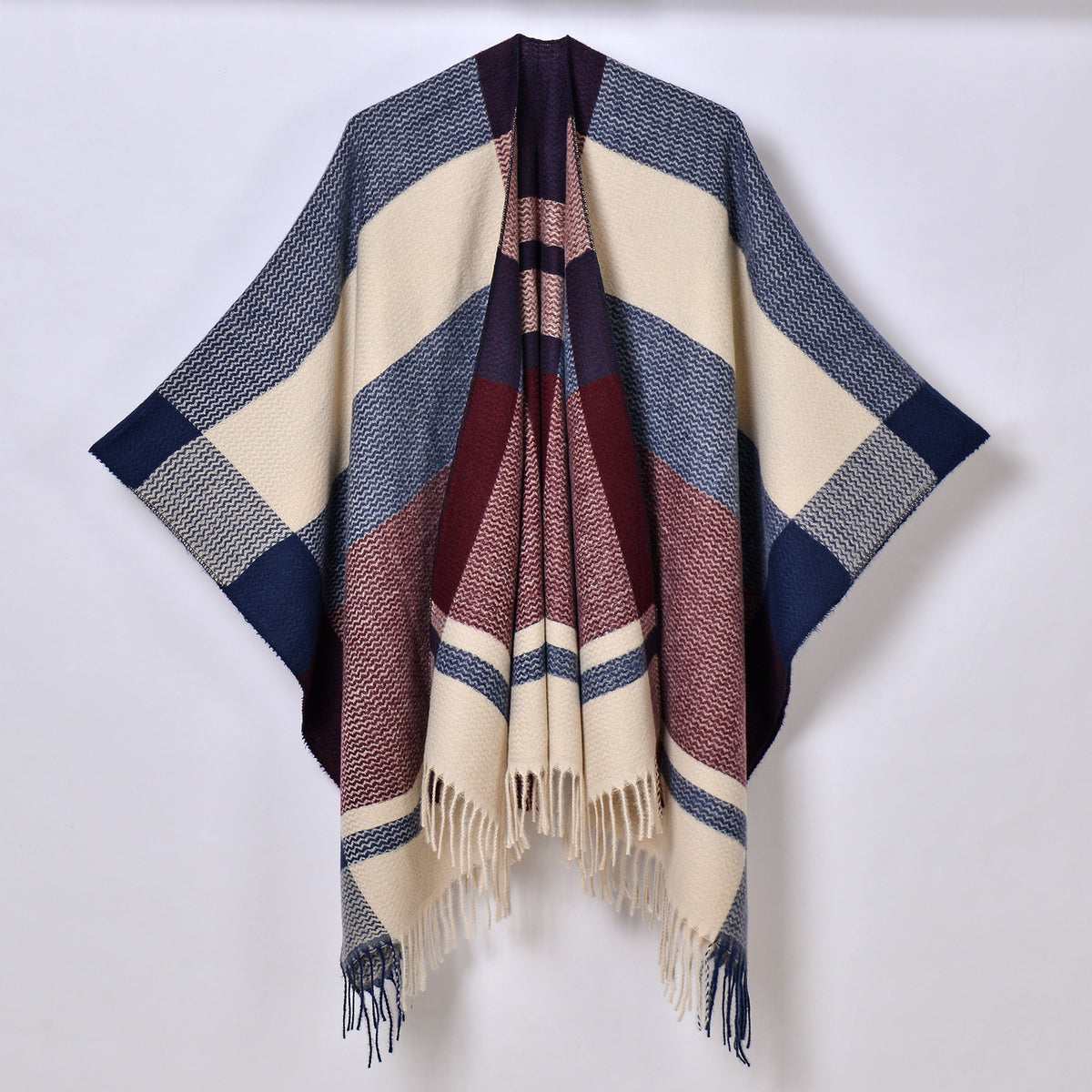 Banded Stripe Fringed Poncho Wrap - NAVY