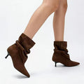 Slouchy Pointed Toe Kitten Heel Boots - Dark Brown