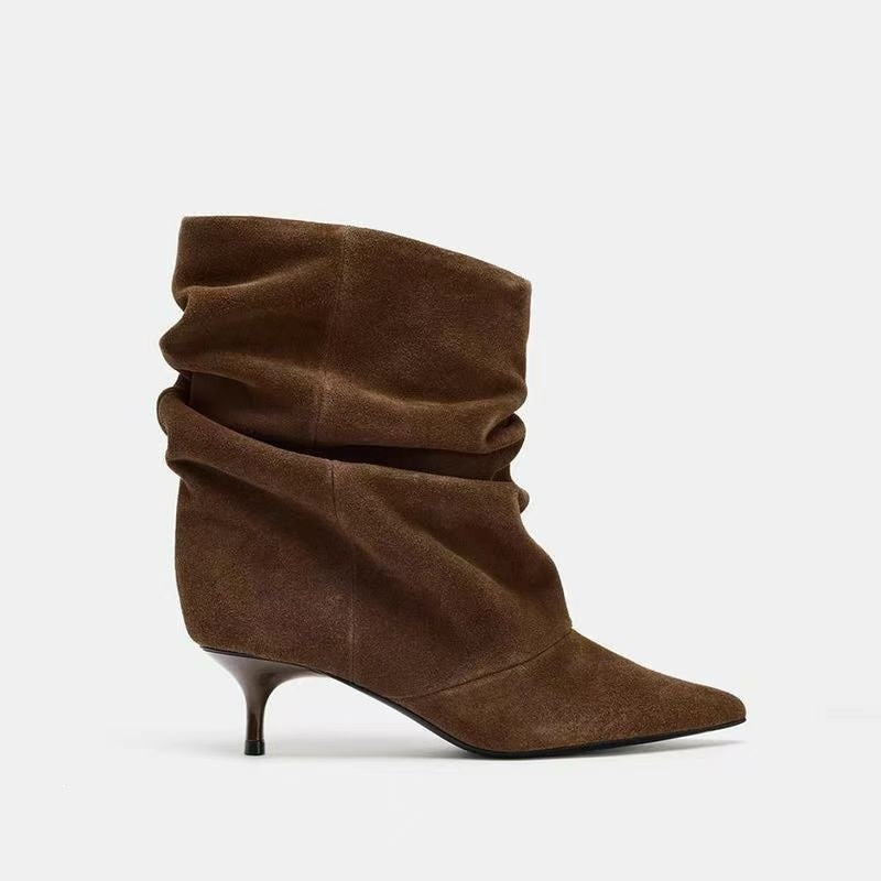 Slouchy Pointed Toe Kitten Heel Boots