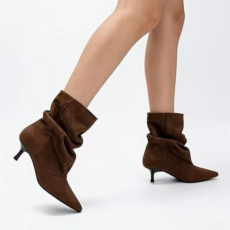 Slouchy Pointed Toe Kitten Heel Boots