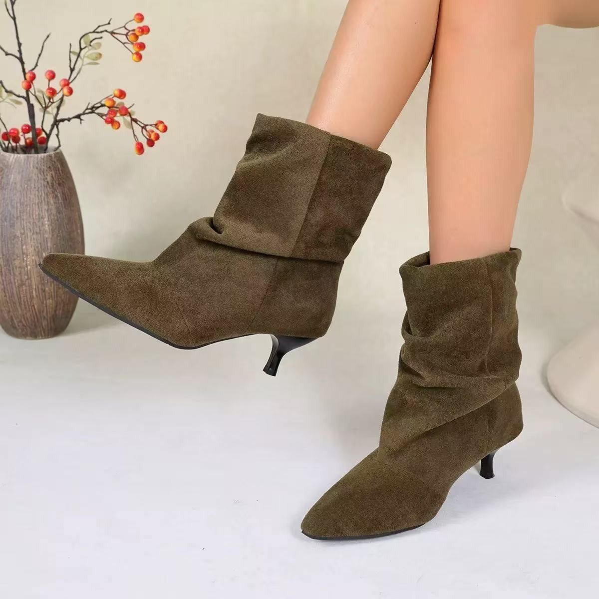 Slouchy Pointed Toe Kitten Heel Boots