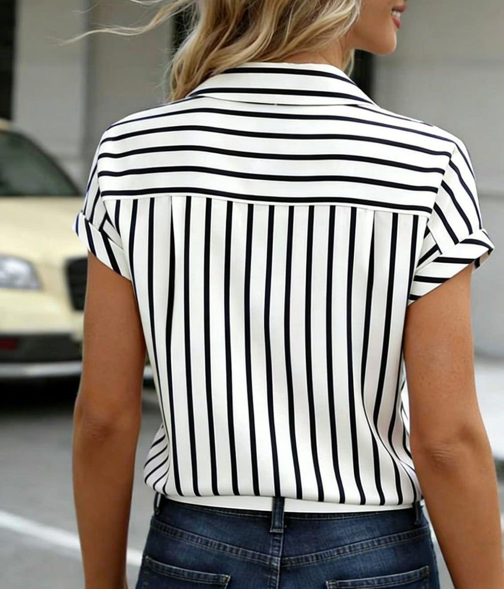 Vertical Stripe Collared Short Sleeve Blouse - Black - 2