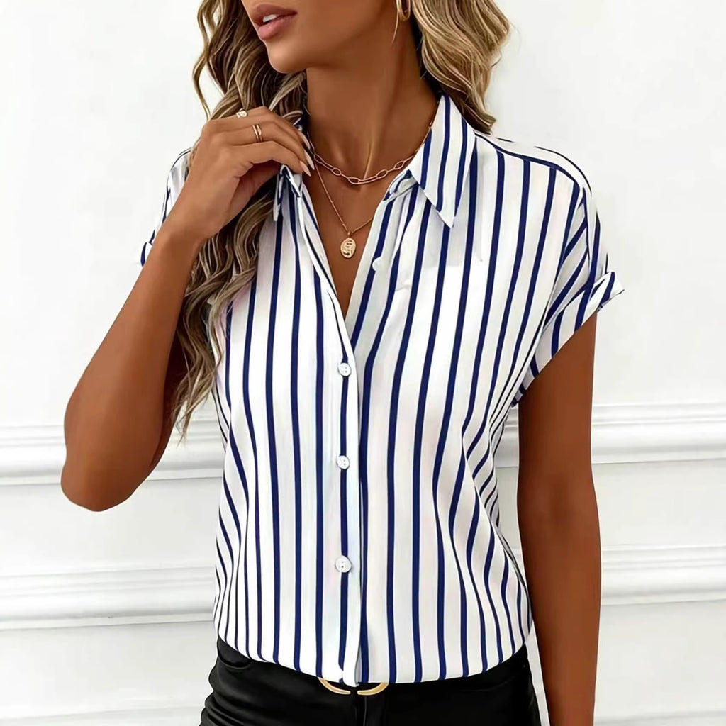 Vertical Stripe Collared Short Sleeve Blouse - Blue