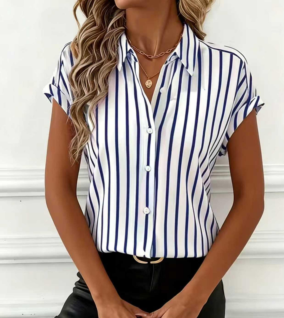 Vertical Stripe Collared Short Sleeve Blouse - Blue - 1