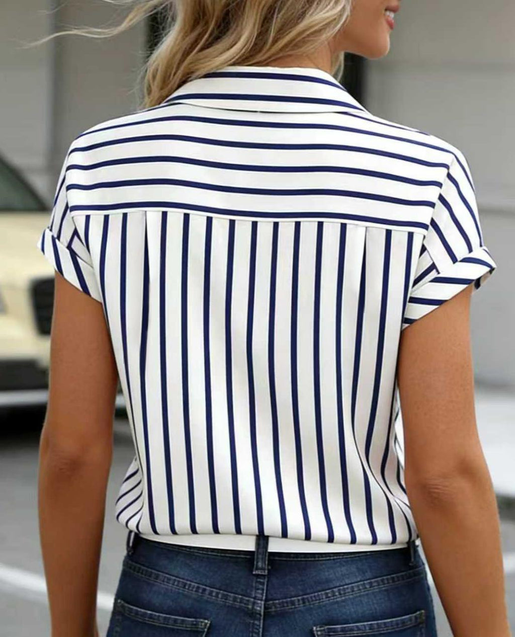 Vertical Stripe Collared Short Sleeve Blouse - Blue - 3