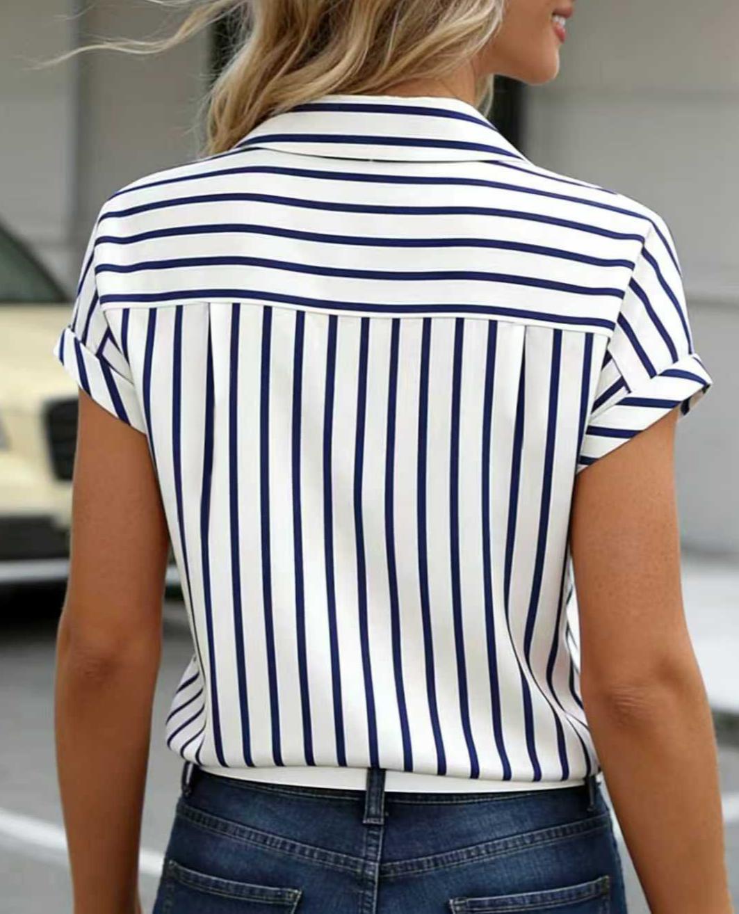 Vertical Stripe Collared Short Sleeve Blouse - Blue - 3