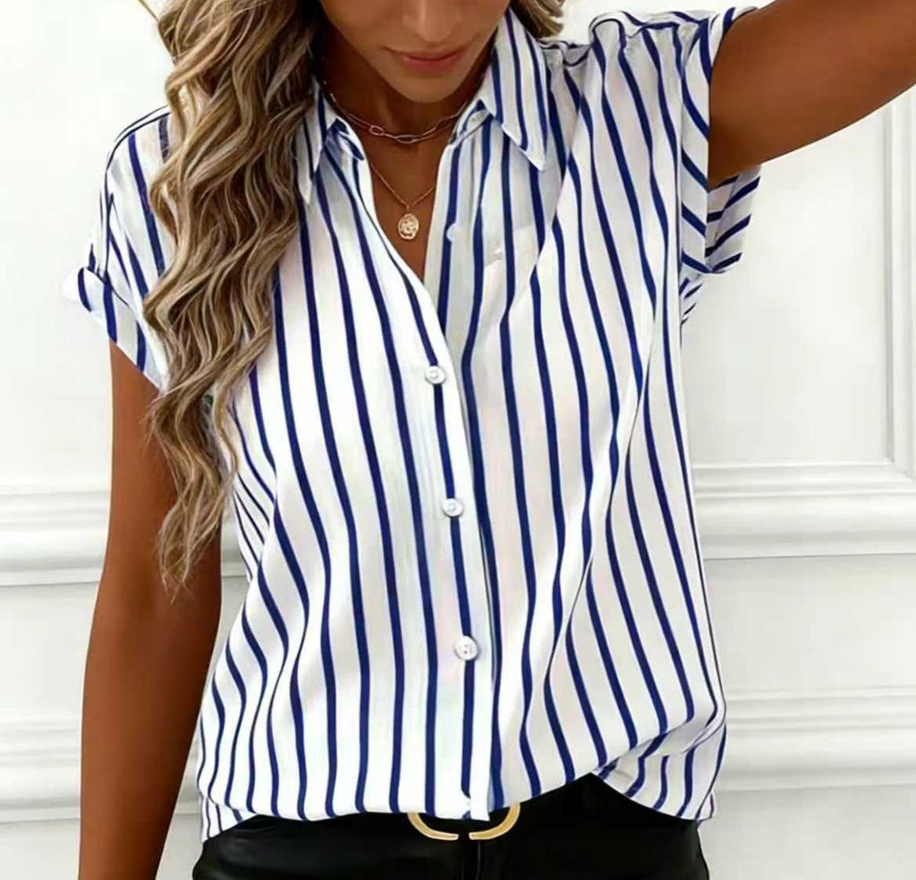 Vertical Stripe Collared Short Sleeve Blouse - Blue - 4