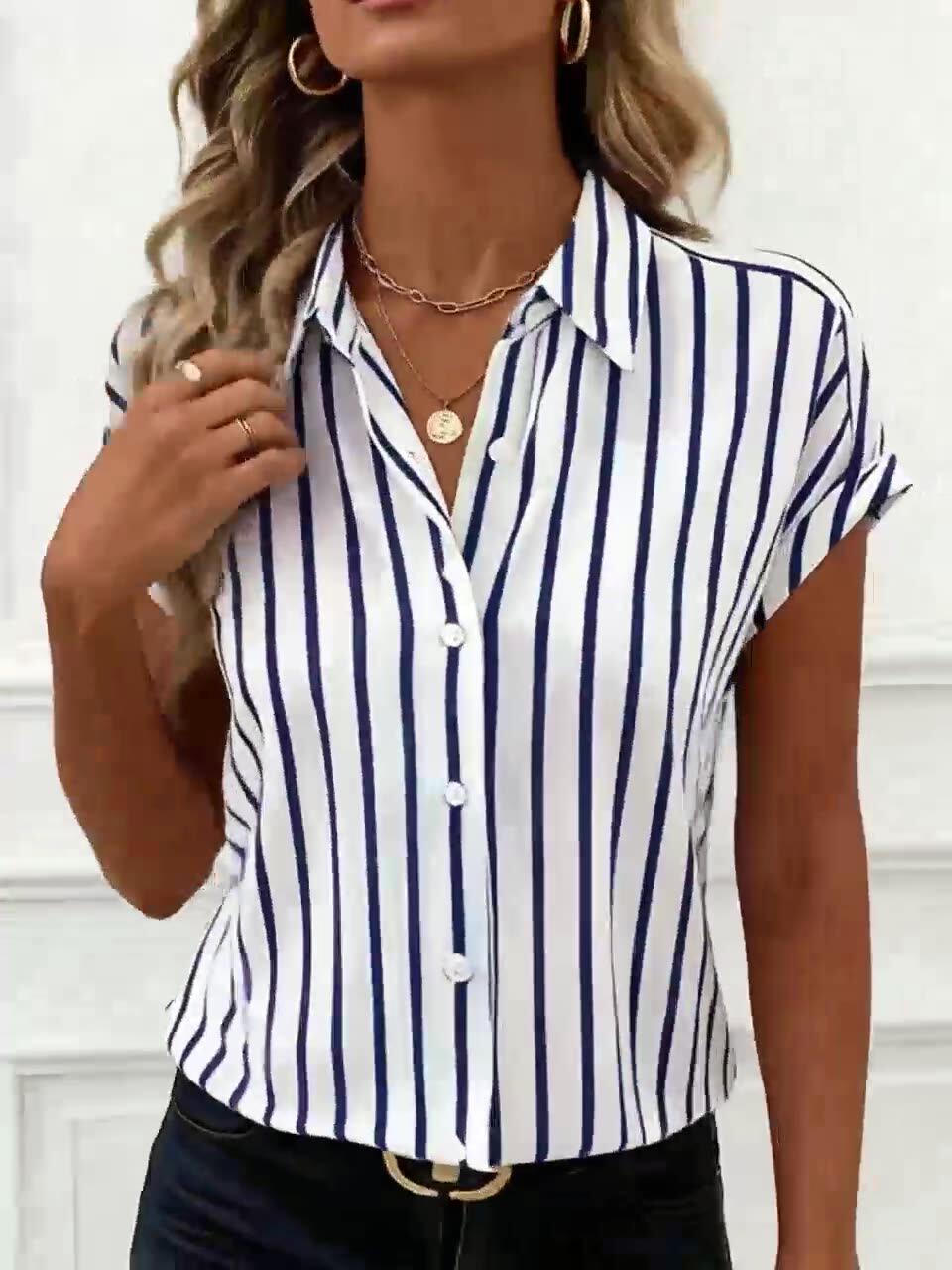 Vertical Stripe Collared Short Sleeve Blouse - Blue - 5
