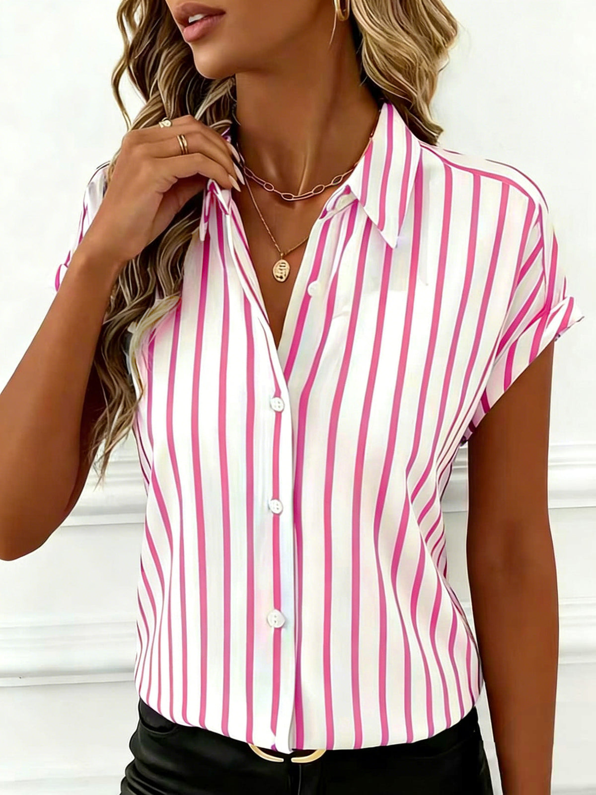 Vertical Stripe Collared Short Sleeve Blouse - Pink
