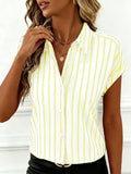 Vertical Stripe Collared Short Sleeve Blouse - Yellow