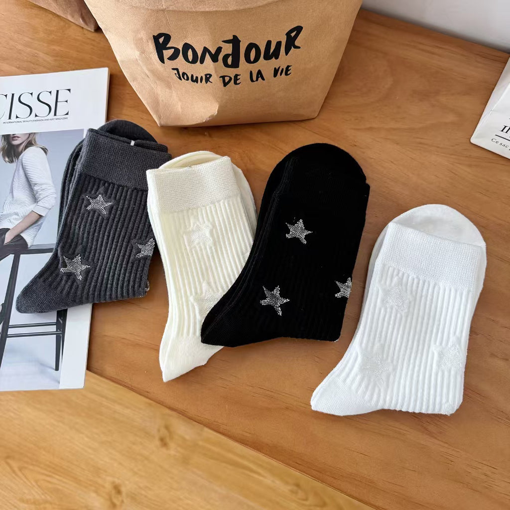 Star Print Ribbed Crew Socks - Beige - 2