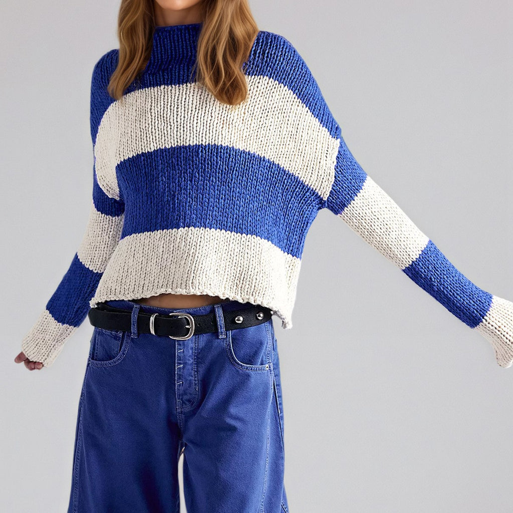 Wide Band Stripe Rolled Neck Jumper - Blue