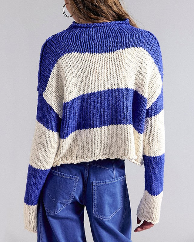 Wide Band Stripe Rolled Neck Jumper - Blue - 1