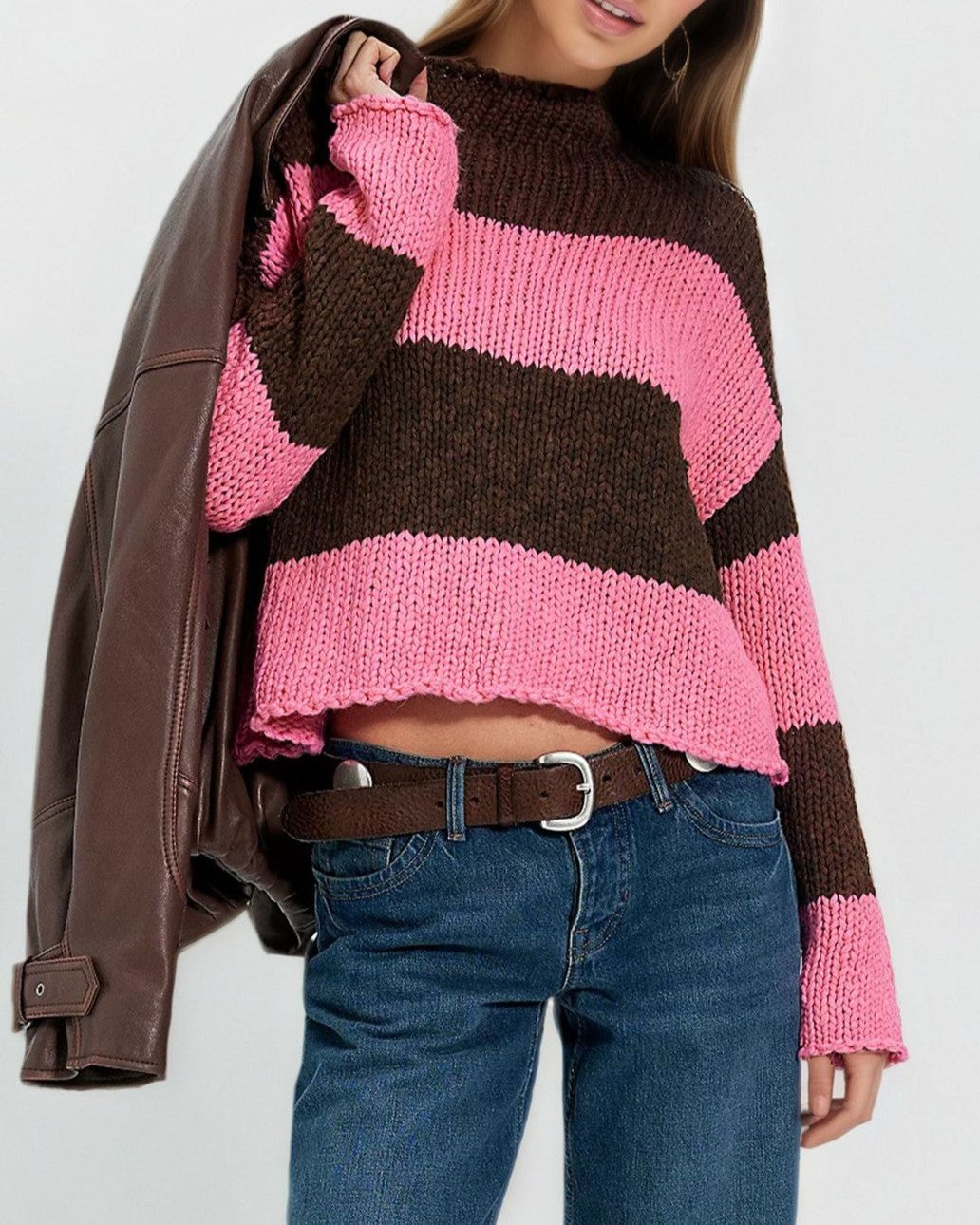 Wide Band Stripe Rolled Neck Jumper - Coffee