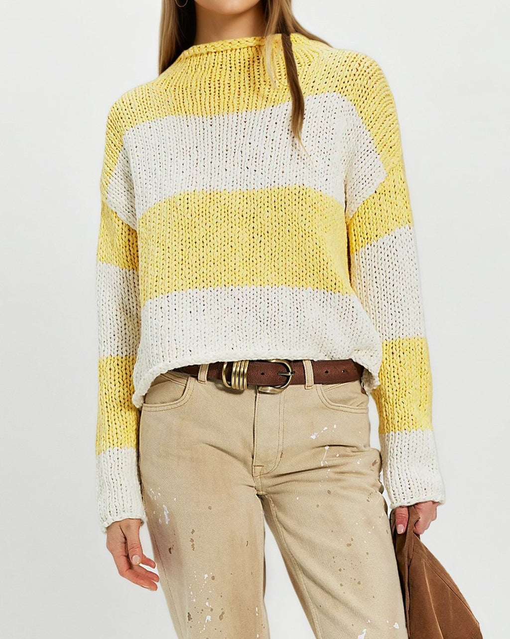 Wide Band Stripe Rolled Neck Jumper - Yellow