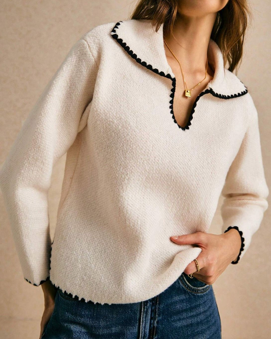 Scalloped Trim Collared Knit Sweater - Beige