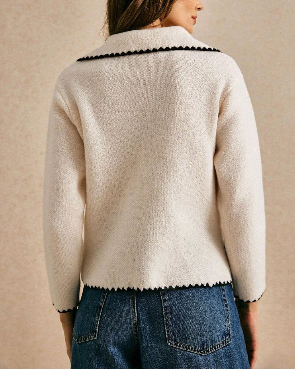 Scalloped Trim Collared Knit Sweater - Beige - 3