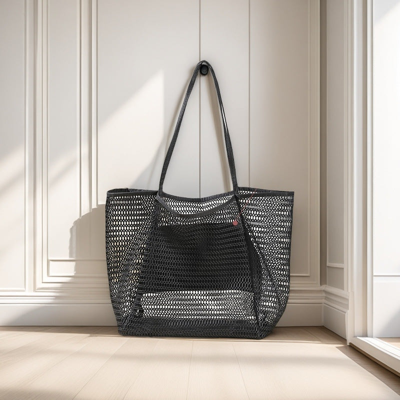 Perforated Mesh Shoulder Bag With Zip Pocket - Black