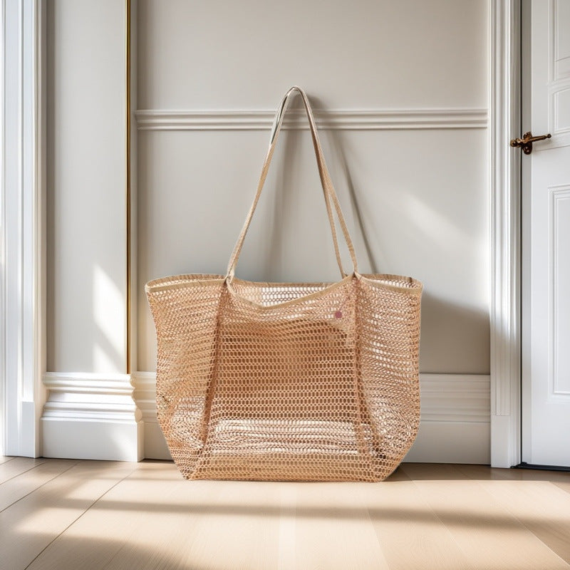 Perforated Mesh Shoulder Bag With Zip Pocket - Brown