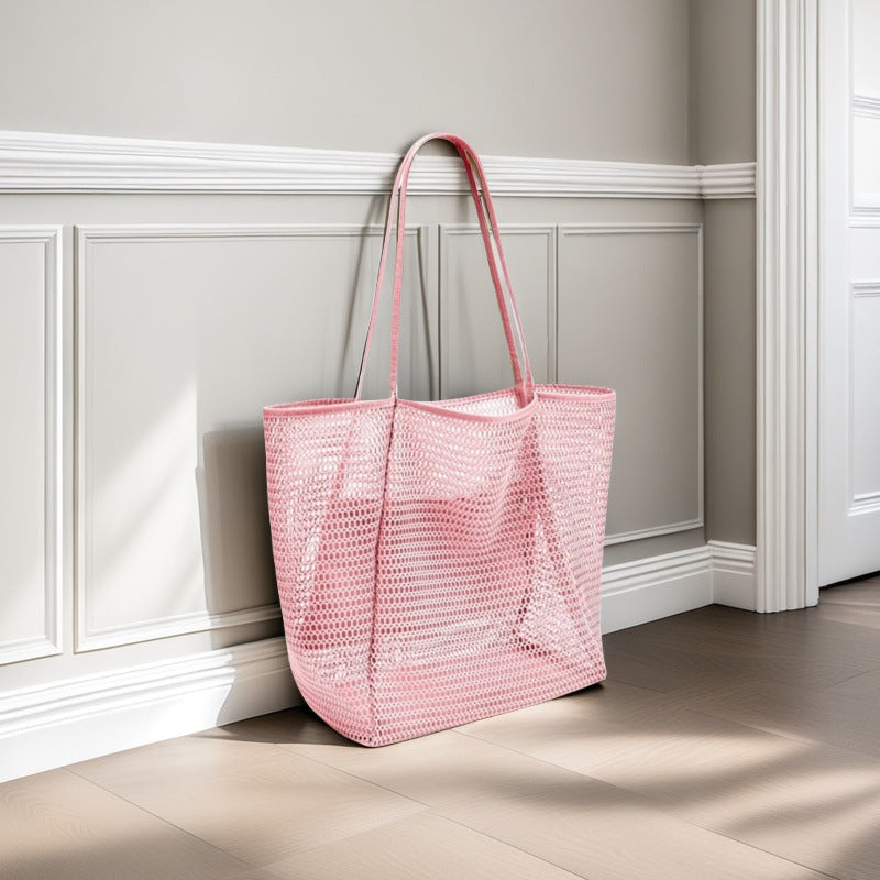 Perforated Mesh Shoulder Bag With Zip Pocket - Pink