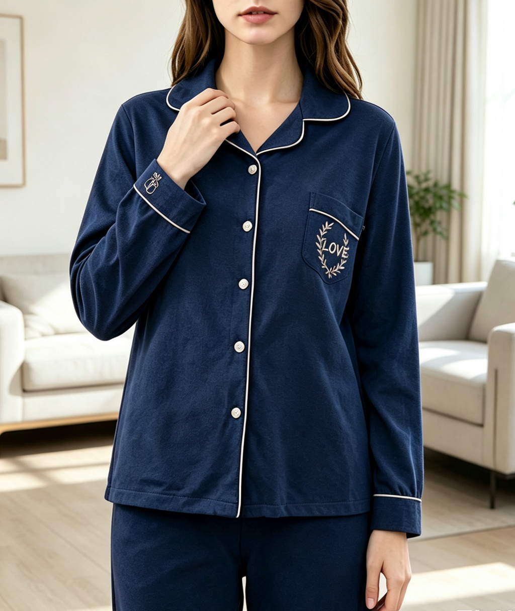 Long Sleeve Piped Button Down Pajama Set - Blue