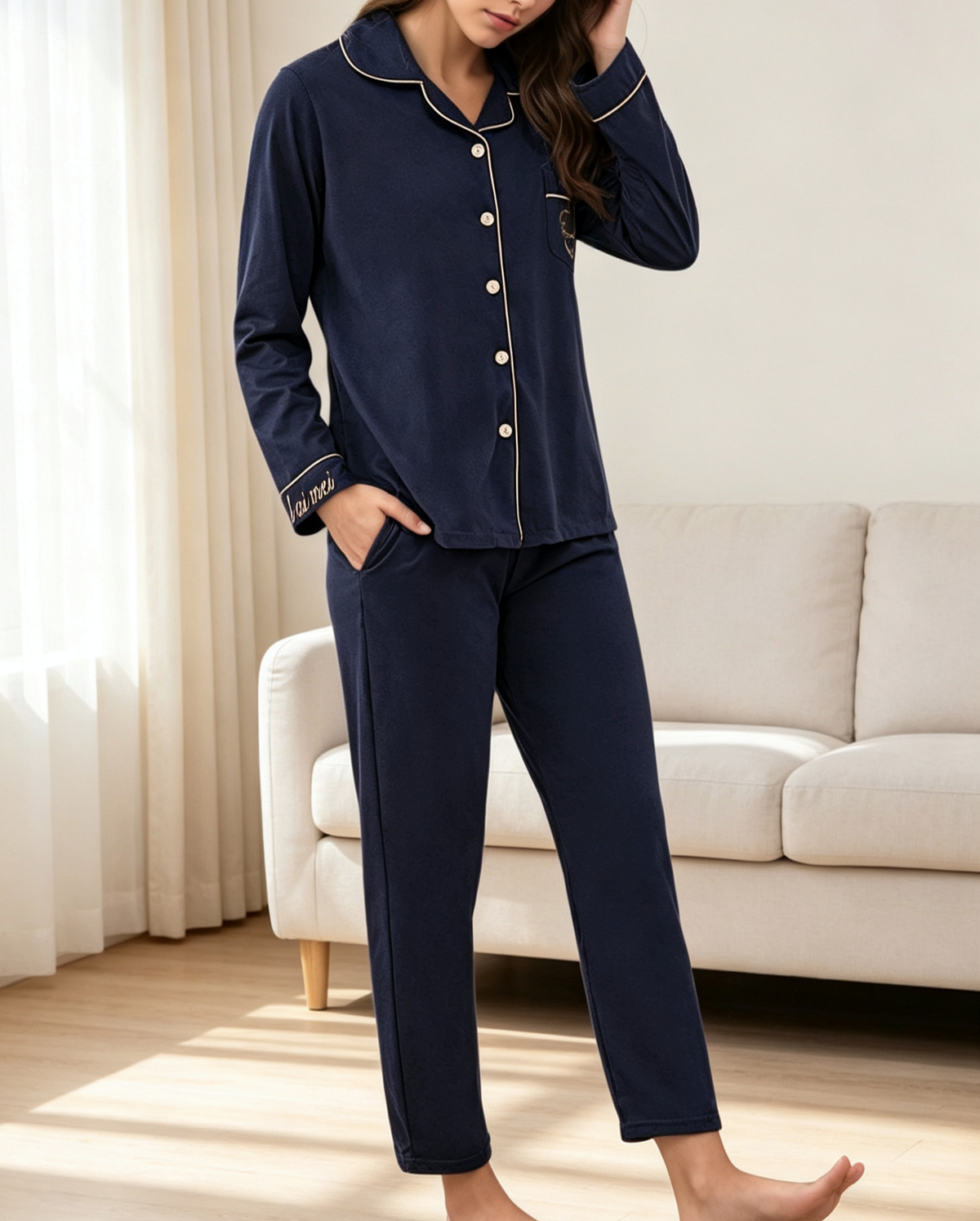 Long Sleeve Piped Button Down Pajama Set - DarkBlue - 1