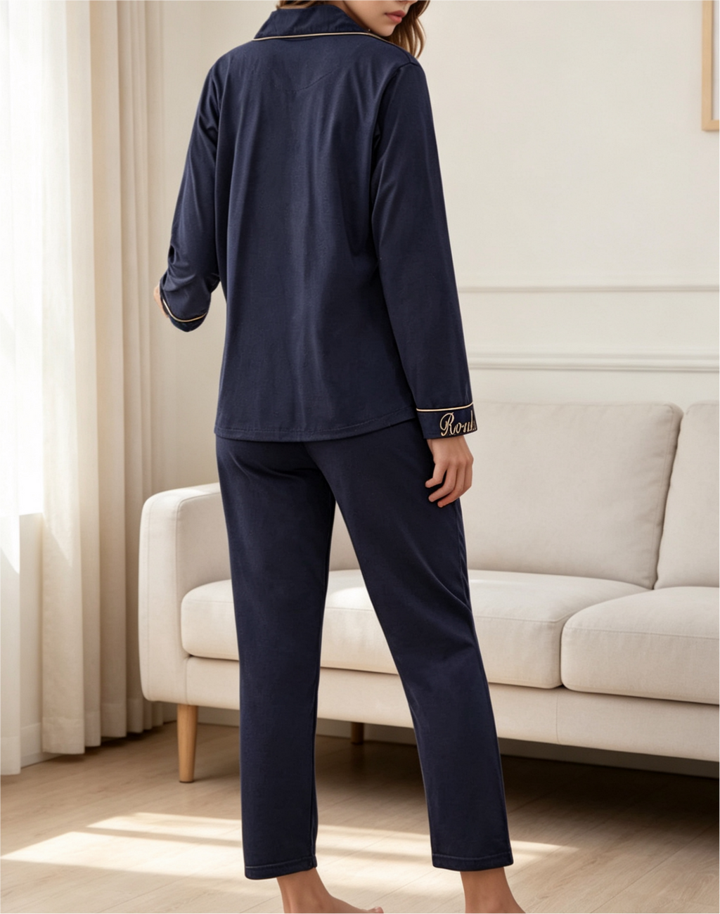 Long Sleeve Piped Button Down Pajama Set - DarkBlue - 2