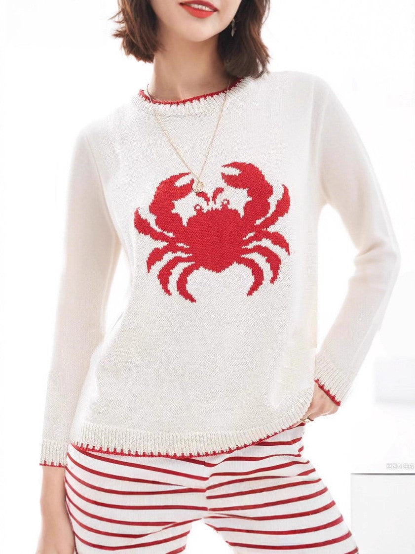 Lobster and Crab Intarsia Crew Sweater - White