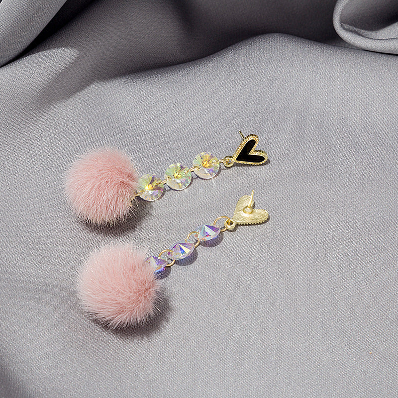 Heart Top Crystal Beaded Pom Earrings - Pink