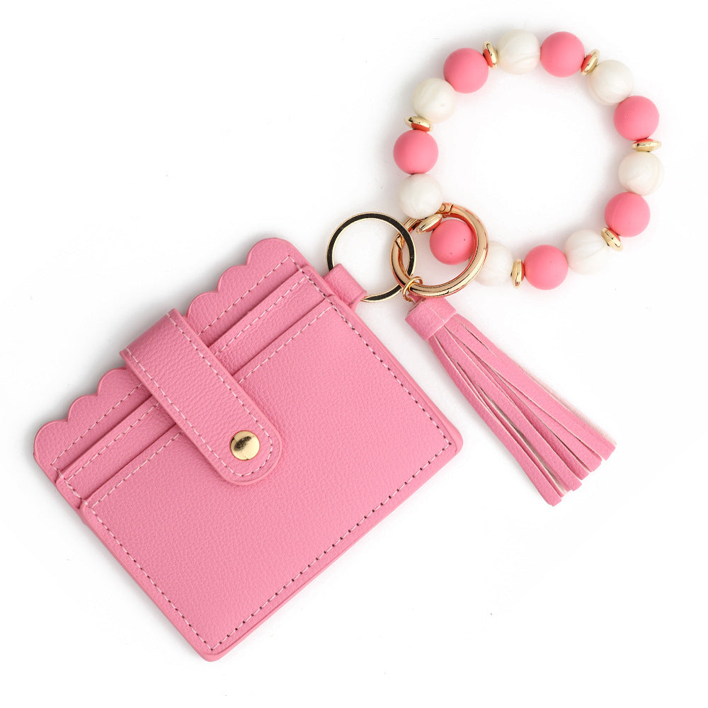 Scalloped Card Holder Bead Bangle Keychain - Darkpink